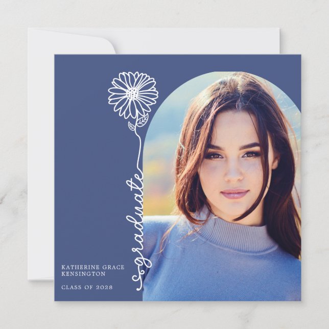 Invitation Bleu manuscrit photo florale Graduation (Devant)