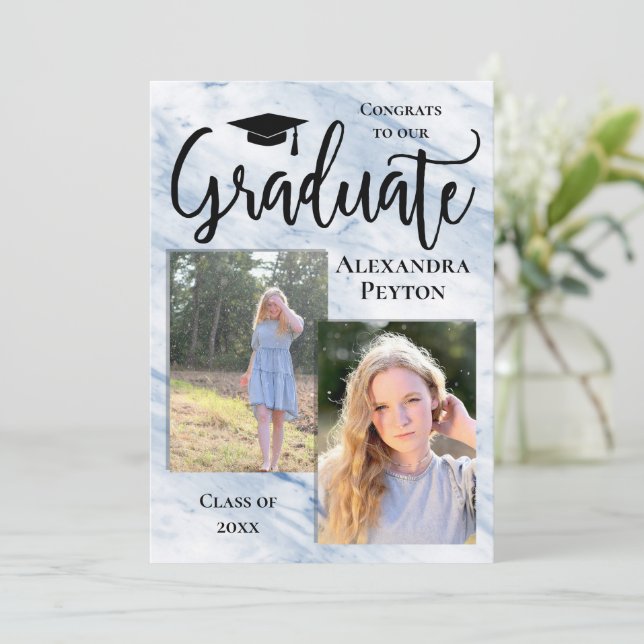 Invitation Bleu Marbre Script 2 Photo Graduation (Debout devant)