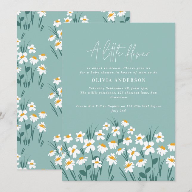 Invitation Bleu marguerite floral élégant baby shower (Devant / Derrière)