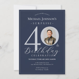 Invitation Bleu Marine Argent Photo Surprise 40e Anniversaire