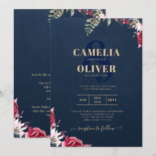 Invitation Bleu Marine Baie Floral Bourgogne Hiver Automne