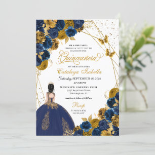 Invitation Bleu Marine & Beurre d'or Princesse Quinceanera
