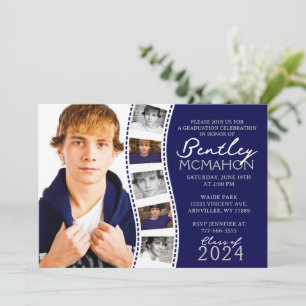 Invitation Bleu Marine & Blancs Filmstrip 6 Photo Graduation 