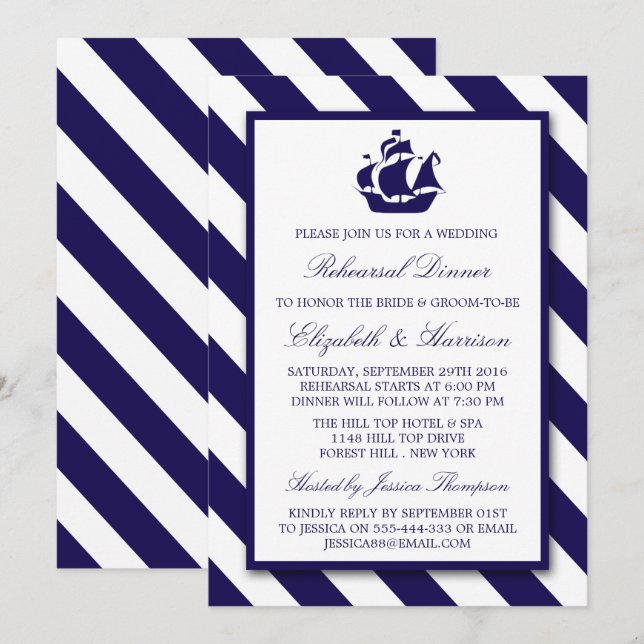 Invitation Bleu Marine Bleu Navire Dîner de répétition (Devant / Derrière)