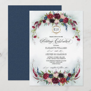 Invitation Bleu marine   Burgundy Bloom Watercolor Mariage