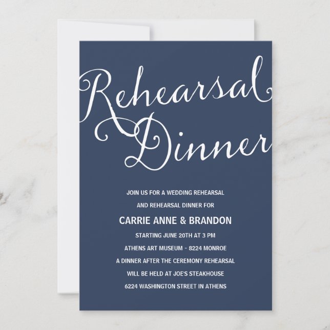 Invitation Bleu Marine | Dîner de répétition de calligraphie  (Devant)