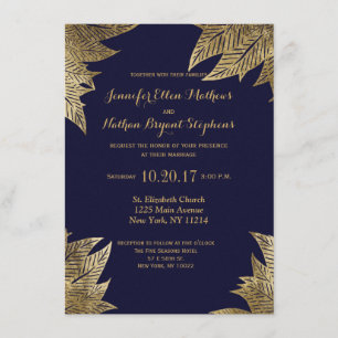 Invitation Bleu marine élégant et motif de feuille dessiné