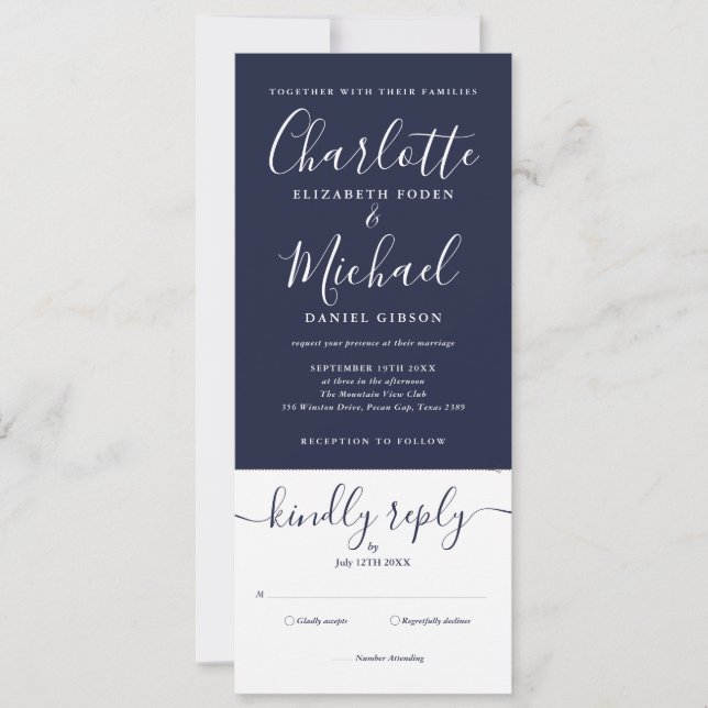 Invitation Bleu marine Élégant Script Tout en un Mariage (Devant)