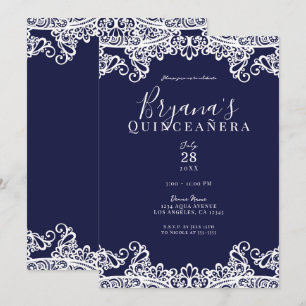 Invitation Bleu marine et dentelle blanche élégant Quinceañer