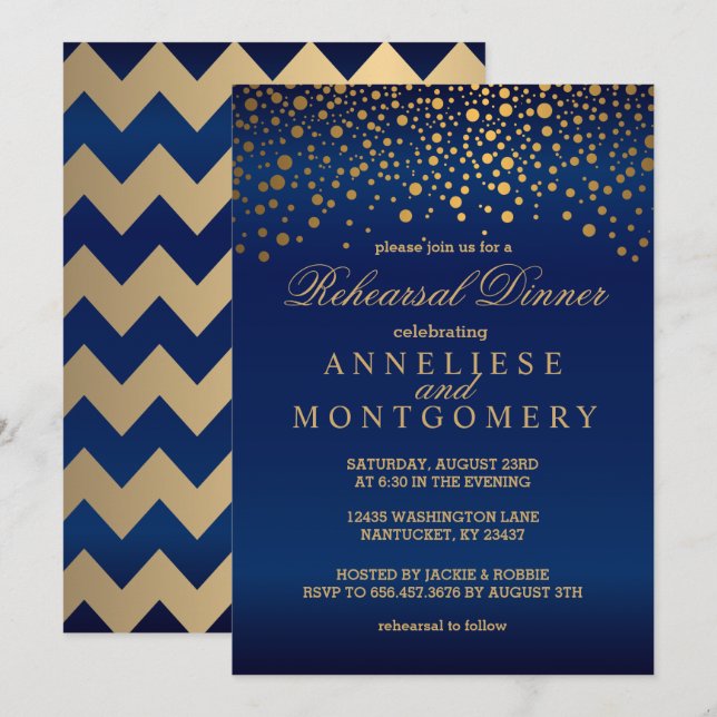 Invitation Bleu marine et dîner de répétition de confettis (Devant / Derrière)