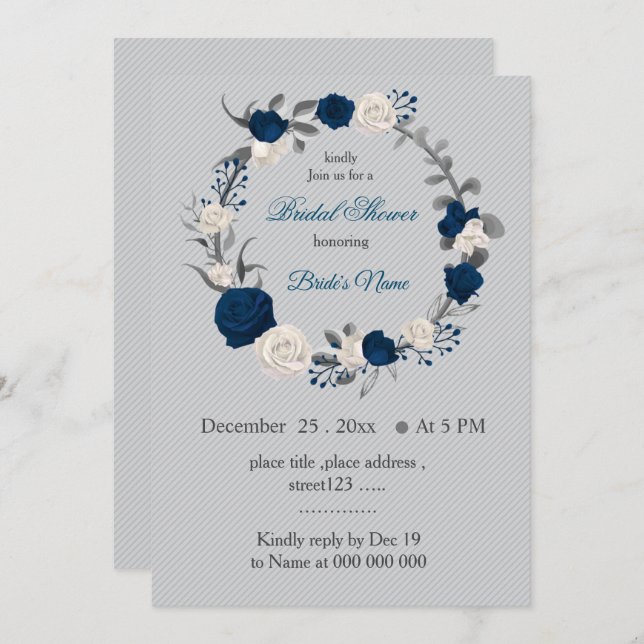 Invitation bleu marine et fleurs blanches wreath douche nupti (Devant / Derrière)