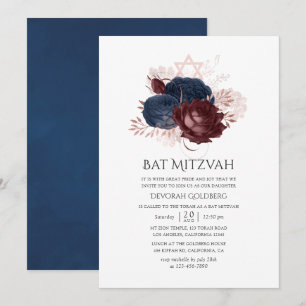 Invitation Bleu marine et floral bordeaux Bat Mitzvah