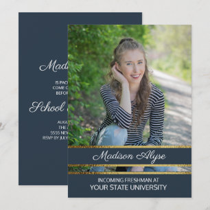 Invitation Bleu Marine et Gold Photo Trunk Party