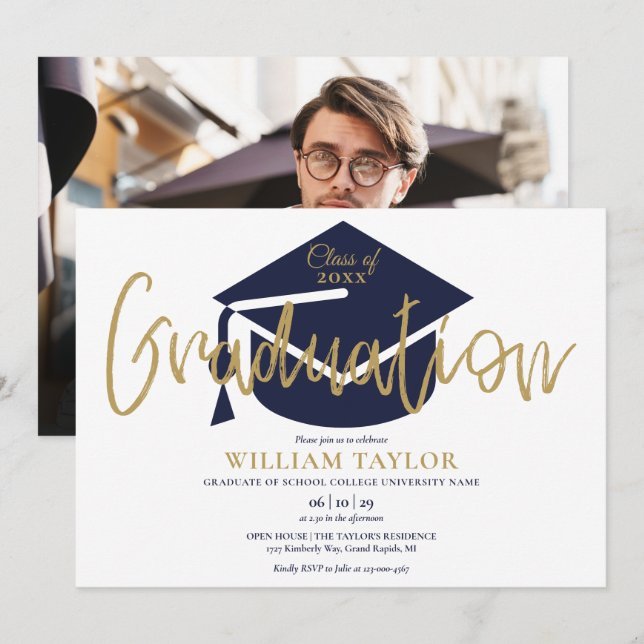 Invitation Bleu Marine et Gold Script Photo Graduation Party (Devant / Derrière)
