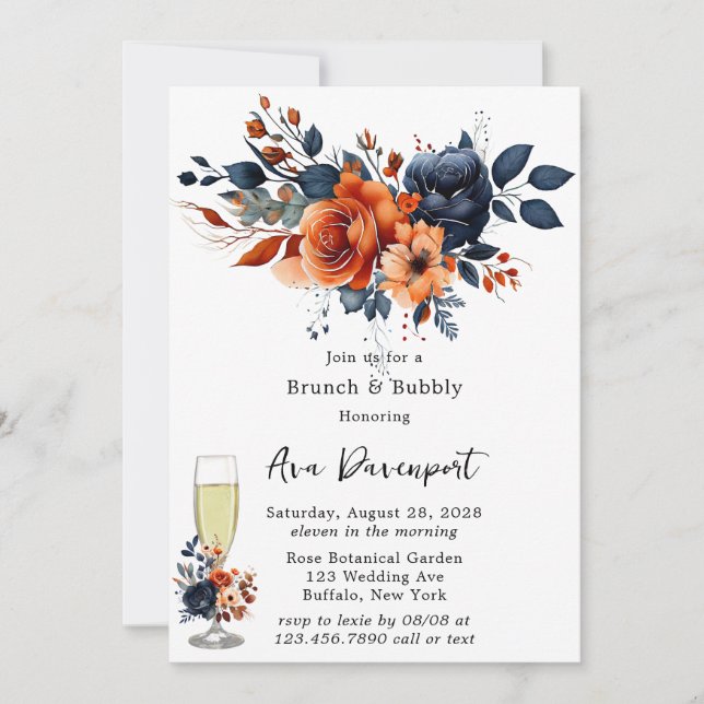 Invitation Bleu Marine et Orange Peony Brunch & Bubbly (Devant)