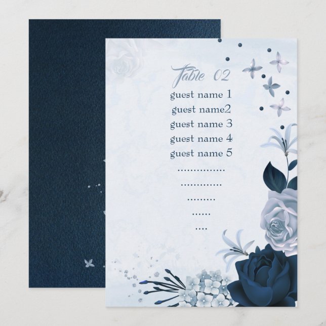Invitation bleu marine et poussière, fleurs bleues, numéro de (Devant / Derrière)