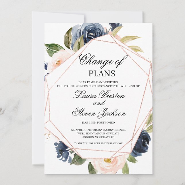 Invitation Bleu marine et rose blush floral Changement de pla (Devant)