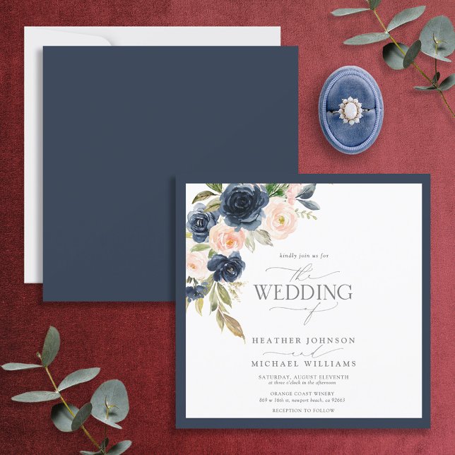 Invitation bleu marine et rose pâle Aquarelle florale Script (Créateur téléchargé)