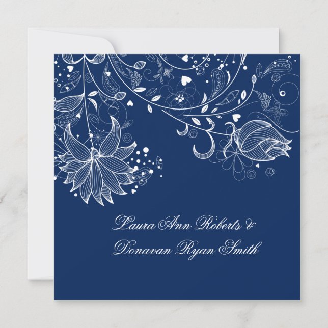 Invitation Bleu marine et tourbillons floraux blancs après le (Devant)