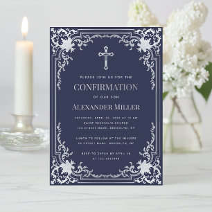 Invitation Bleu marine Fausse Confirmation garçon vintage arg