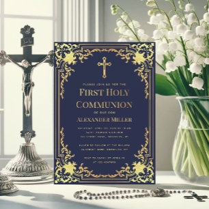Invitation Bleu marine Faux or Élégant Garçon Première Commun