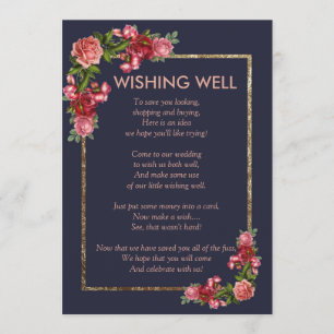 Invitation Bleu marine Fleurs roses Or Fontaine à souhaits