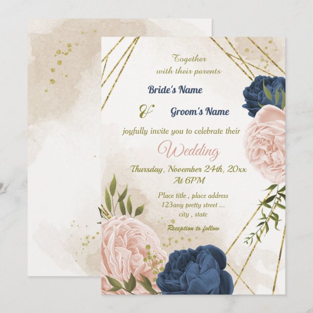 Invitation bleu marine fleurs vert feuille mariage (Devant / Derrière)