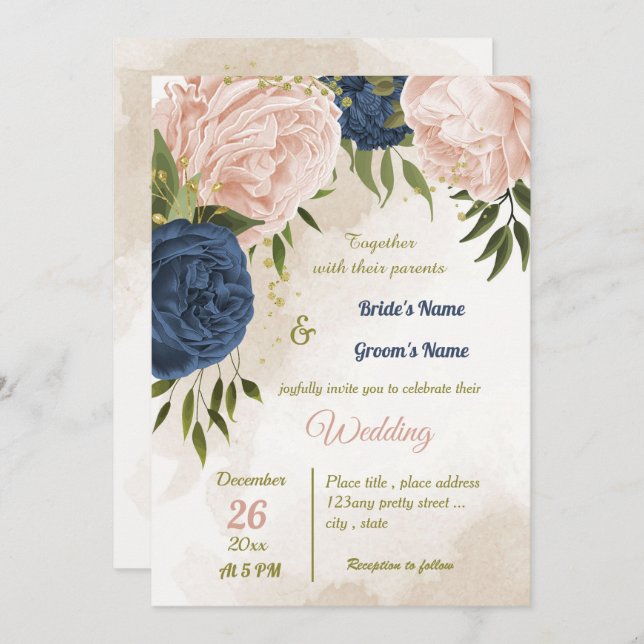 Invitation bleu marine fleurs vert feuille mariage (Devant / Derrière)