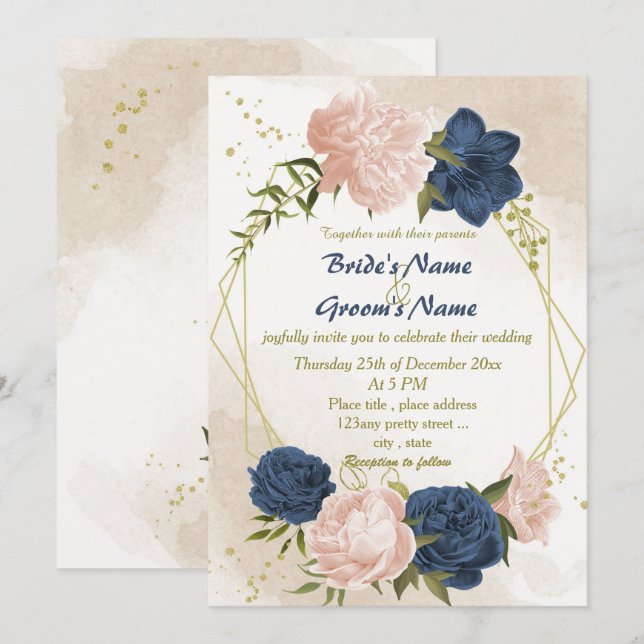 Invitation bleu marine fleurs vert feuille mariage géométriqu (Devant / Derrière)