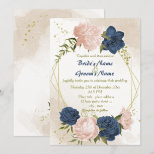 Invitation bleu marine fleurs vert feuille mariage géométriqu