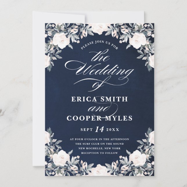 Invitation Bleu marine foncé floral classique somptueux | (Devant)