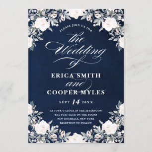 Invitation Bleu marine foncé floral classique somptueux  