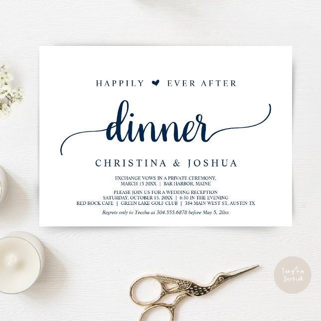 Invitation Bleu marine, Fugue, Dîner de bonheur éternel (Happily Ever After Dinner Invitation Card, Modern Elopement Rustic Script, PDF, Navy Blue)