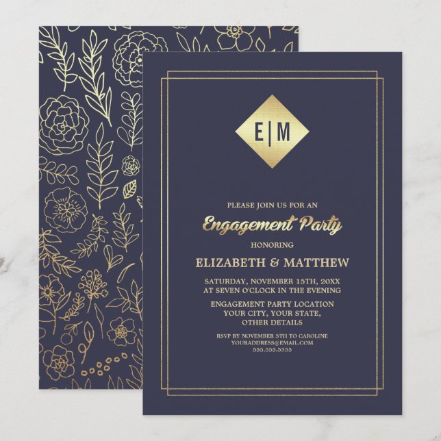 Invitation Bleu Marine | Gold Floral Patal Engagement Party (Devant / Derrière)