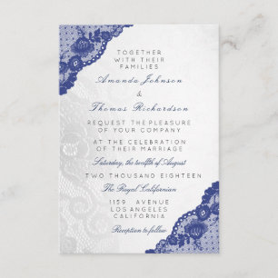 Invitation Bleu marine gris argent dentelle mariage délicat