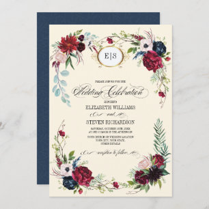 Invitation Bleu marine Mariage d'aquarelle florale de Bourg