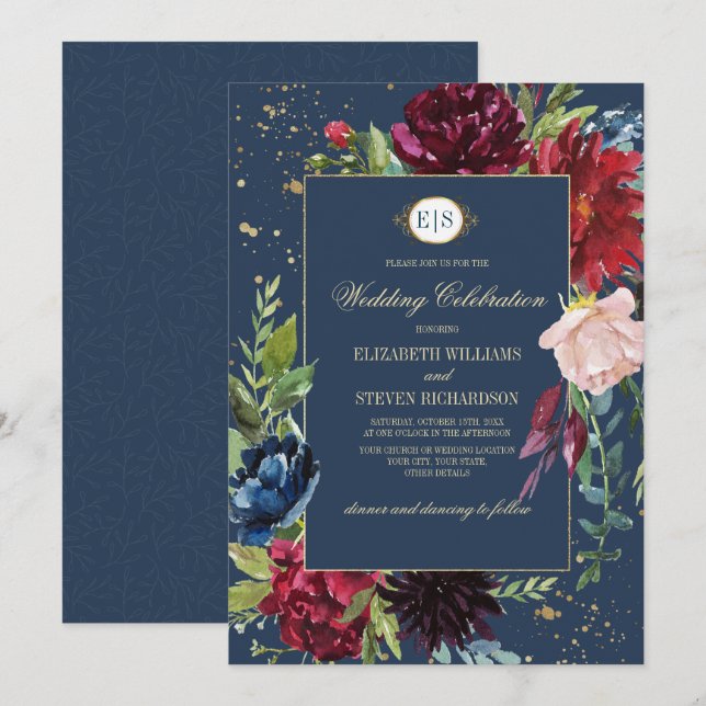 Invitation Bleu marine | Mariage d'aquarelle florale de Bourg (Devant / Derrière)