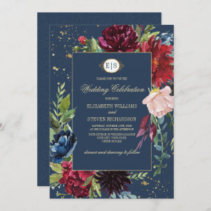 Invitation Bleu marine   Mariage d'aquarelle florale de Bourg