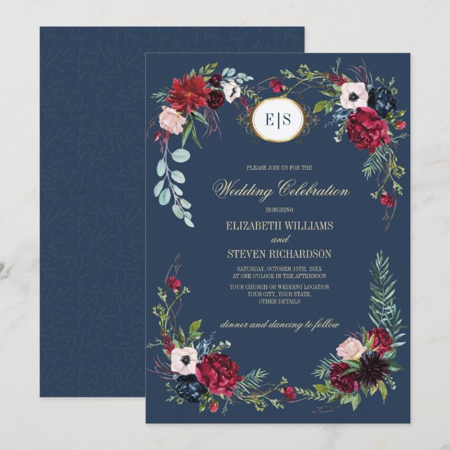 Invitation Bleu marine | Mariage d'aquarelle florale de Bourg (Devant / Derrière)