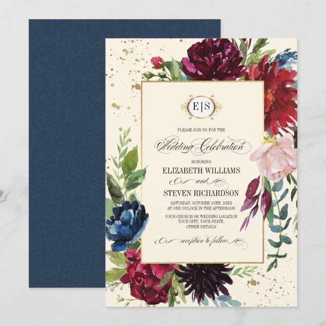 Invitation Bleu marine | Mariage d'aquarelle florale de Bourg (Devant / Derrière)