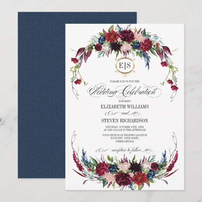 Invitation Bleu marine | Mariage d'aquarelle florale de Bourg (Devant / Derrière)