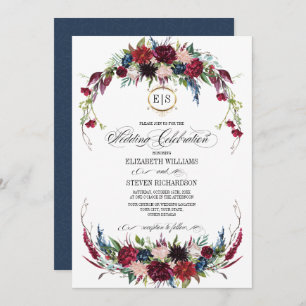 Invitation Bleu marine Mariage d'aquarelle florale de Bourg
