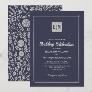Invitation Bleu Marine   Mariage floral argenté