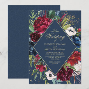 Invitation Bleu Marine Mariage géométrique floral de Bourgo
