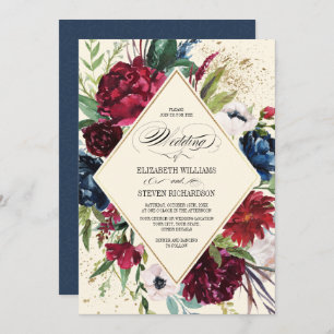 Invitation Bleu Marine   Mariage géométrique floral de Bourgo