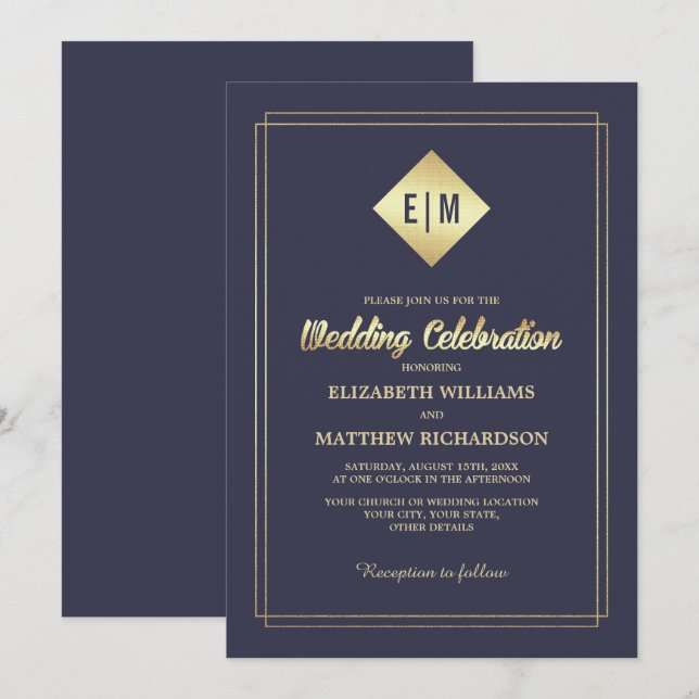 Invitation Bleu Marine | Mariage Gold Elegant (Devant / Derrière)