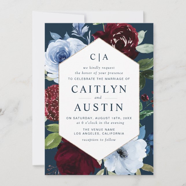 Invitation bleu marine moderne fleurs bordeaux mariage (Devant)