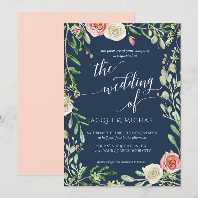 Invitation Bleu marine n Blush Floral Mariage Rose Foliage fe (Devant / Derrière)