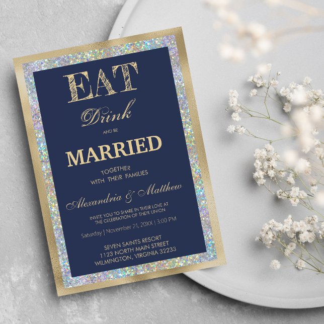 Invitation Bleu marine or holographique Manger Boire Être Mar (Navy blue gold holographic Eat Drink Be Married)