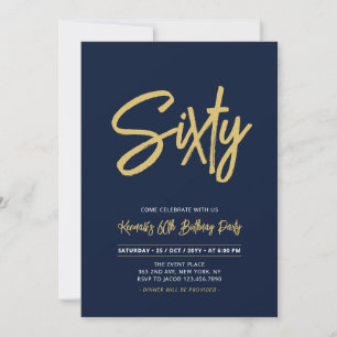 Invitation Bleu marine & Or   Soixantième anniversaire chic